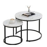 Modern round nesting coffee table with marble top and black metal frame